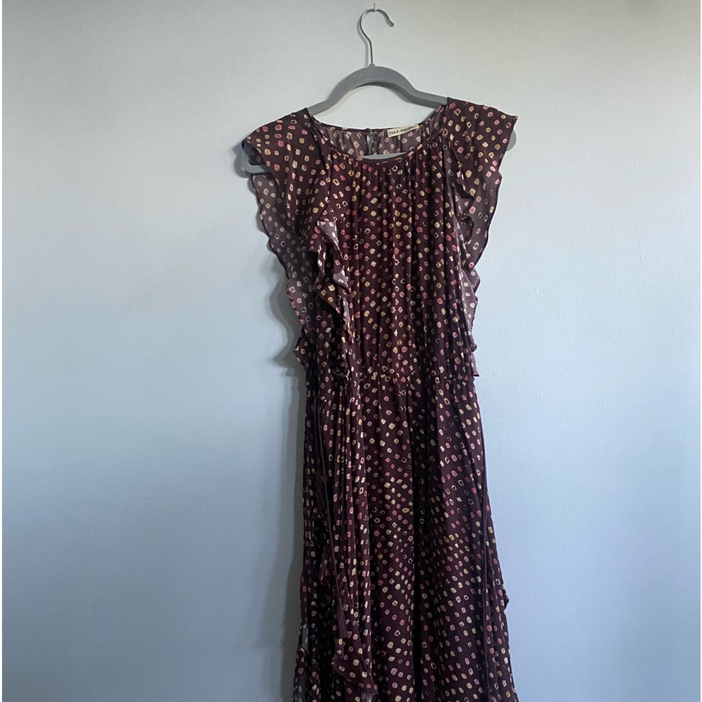 Silk Crape Ulla Johnson Dress. Burgandy with pink and gold tones.